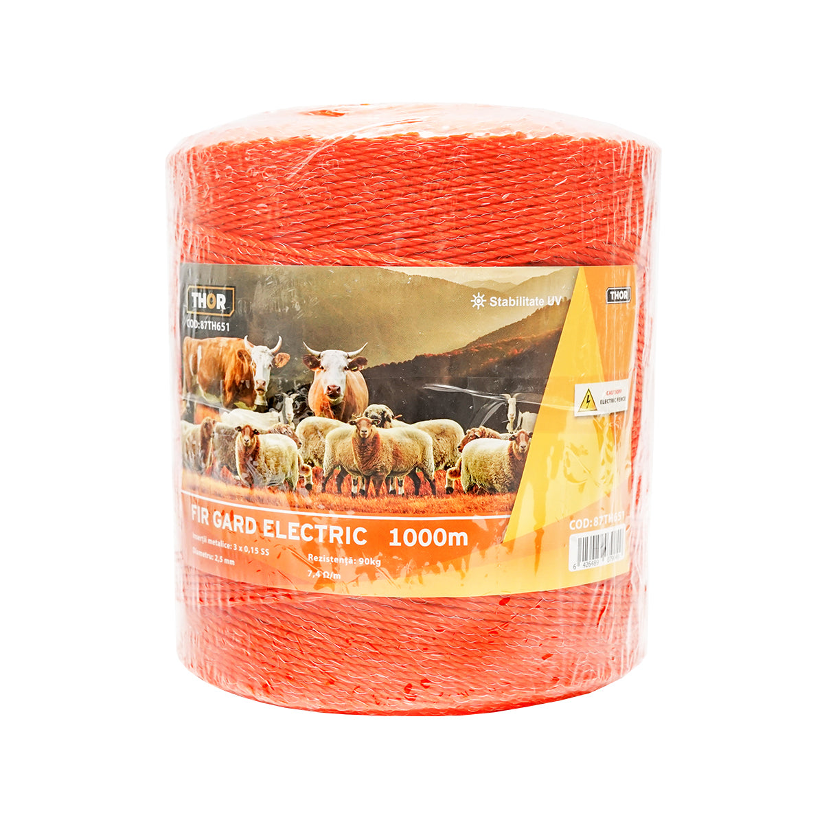 Orange wire roll 2.5mm with metal insert 3x0.15mm SS, resistance 7.4 Ohm/m, 1000m electric fence Thor