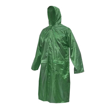 XXL waterproof hooded poncho made of polyester with PVC membrane, ventilation slits, 2 pockets, and green zipper from Breckner Germany.