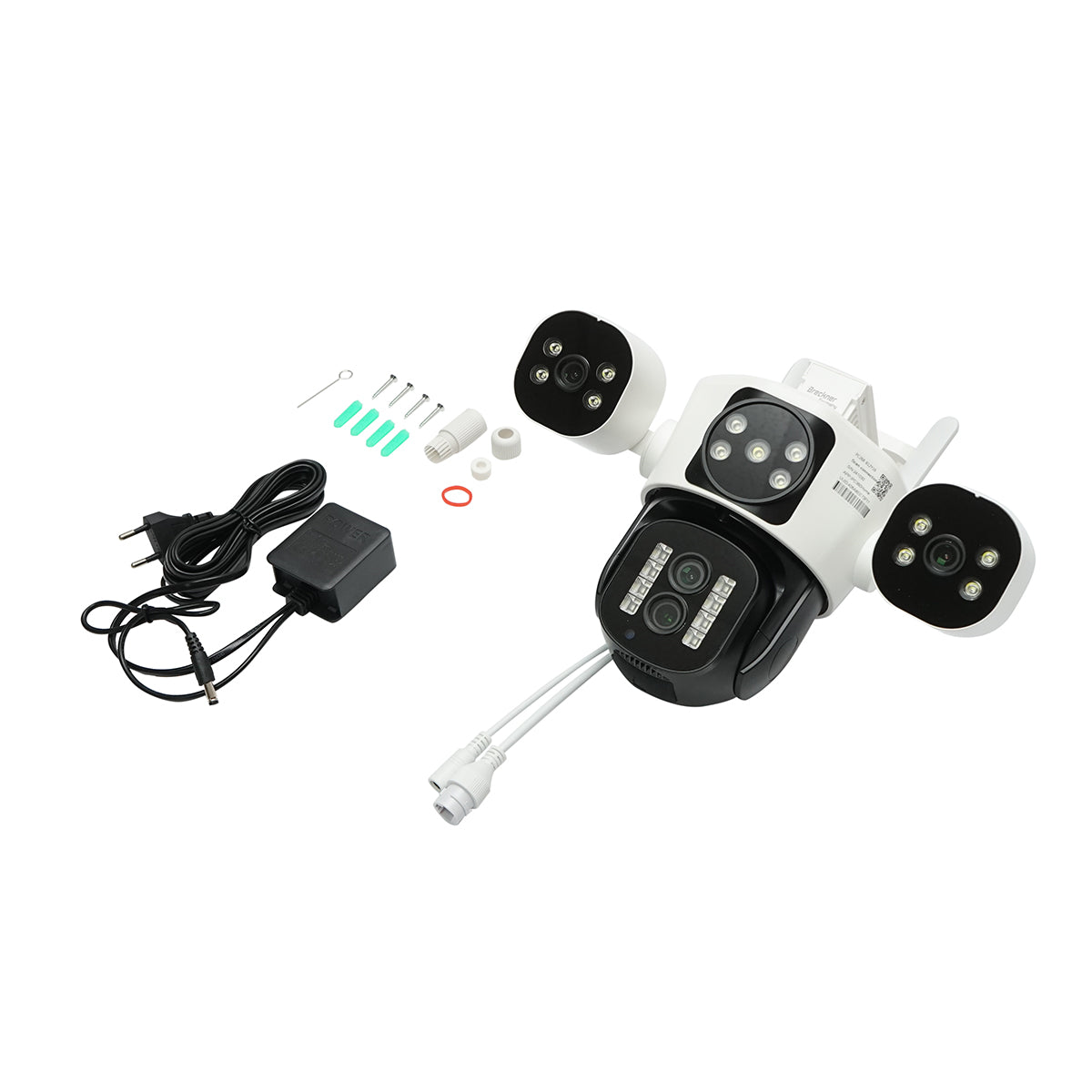 4-lens surveillance camera, 3 objectives 16 MP, WIFI 2.4GHz, 360-degree PTZ rotation with motion sensor, 10X zoom, alarm, IR night vision, human detection and IPC360 Home app.