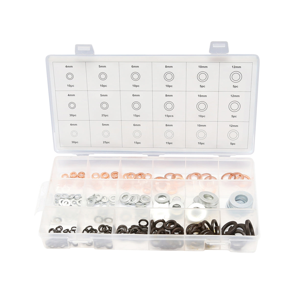 Flat washers set, made of copper and grover 250 pieces