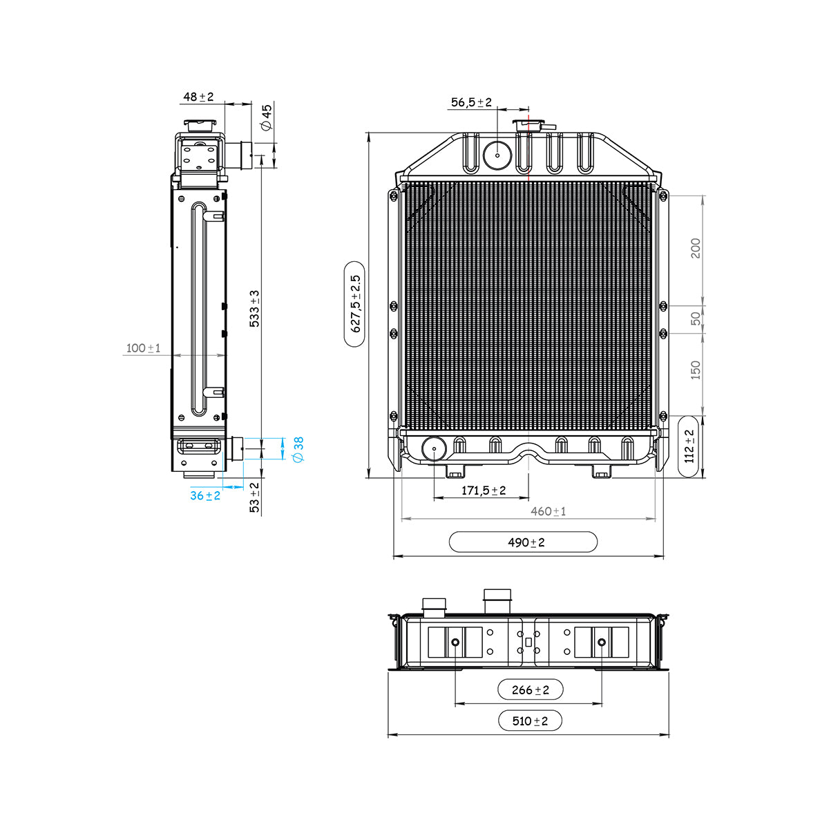 Water cooling radiator for New Holland, Fiat, Case IH OEM codes 4981428, 5086417, 5096052, 150-283, 5096051, 5118306, 5096597, 5104821, 5086417.