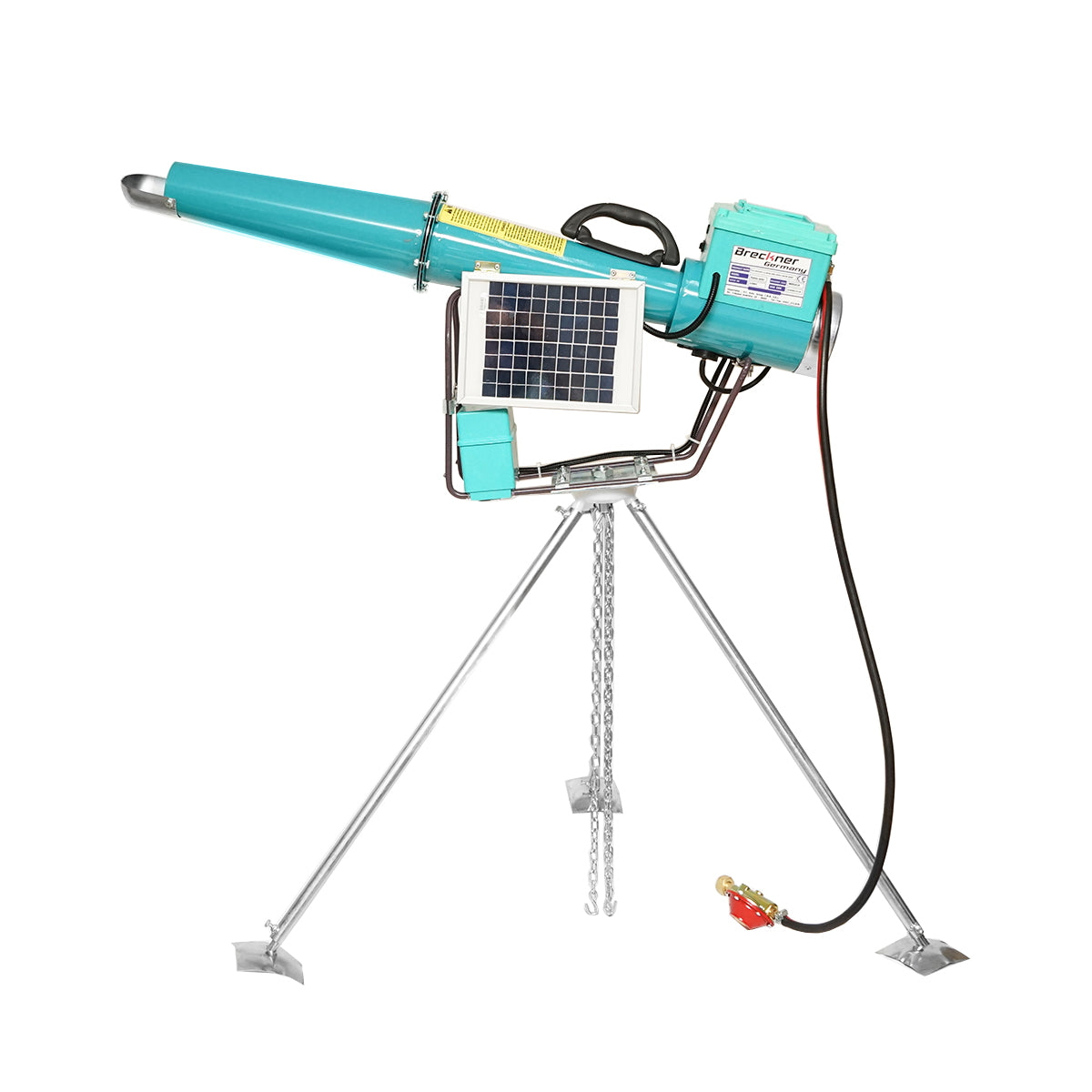 Electric bat on battery with solar panel charging, gas explosion to scare birds Breckner Germany