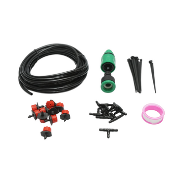 Complete drip irrigation kit with a 5.5m hose, nozzles, connectors, fixing stakes, 34 pieces.