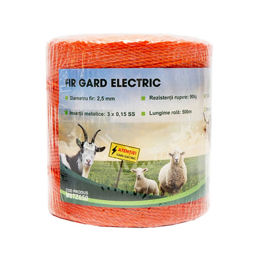 Orange wire reel 2.5mm with metal insert 3x0.15mm SS, resistance 7.4 Ohm/m, 500m electric fence Mezofarm