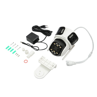 Surveillance camera with 4 lenses, 3 objectives 12 MP, dual control 2 CPUs, P2P WIFI 2.4GHz, PTZ with motion sensor, color night vision, AI human detection and iCSee application