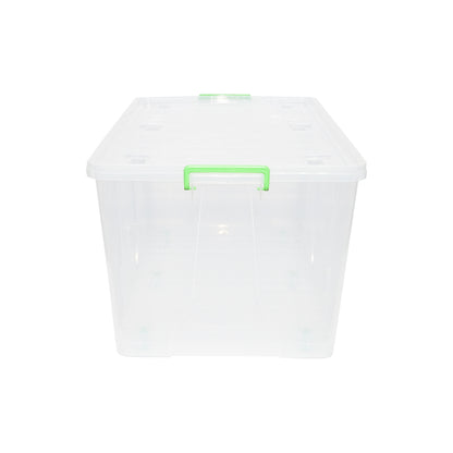 120L storage box with lid and wheels made of transparent plastic 800x515x420mm