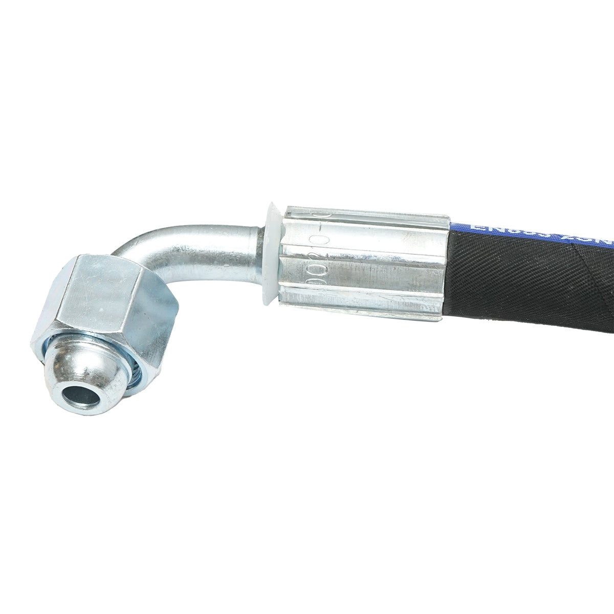 Hydraulic pressure hose 800mm 2SN DN10 certified with 90 degree fittings M20x1.5 and straight fitting M20x1.5
