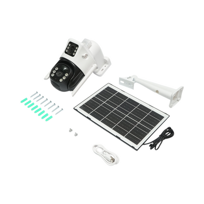 Dual lens surveillance camera 2x2MP, WIFI rotating with 7W solar panel, PTZ, 1080P, motion sensor, night vision, V380 Pro application