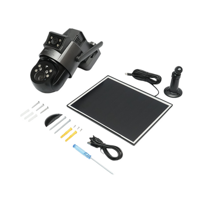 Dual-lens surveillance camera 6 MP, 4G, WIFI 2.4 GHz with solar panel, 10000 mAh battery, 360 degrees PTZ, human PIR detection, night vision and Ubox application.
