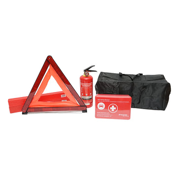 Car safety kit, mandatory legislative first aid package, medical kit, fire extinguisher, 2 warning triangles Breckner Germany