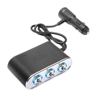 Triple car lighter adapter 12/24V black with individual switch and 1 USB port 5V 2.1A