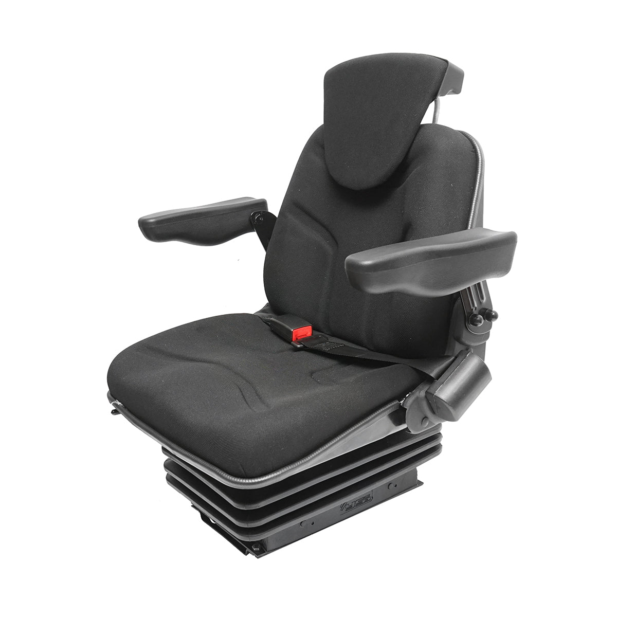 Black adjustable tractor seat with armrest, headrest, seatbelt, and mechanical suspension, seat width 455mm