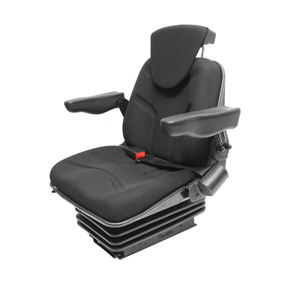 Black adjustable tractor seat with armrest, headrest, seatbelt, and mechanical suspension, seat width 455mm