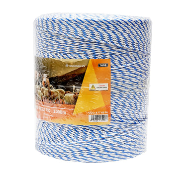 White-blue wire roll 3mm with metal insert 3x0.2mm SS, resistance 7.8 Ohm/m, 1000m electric fence Thor