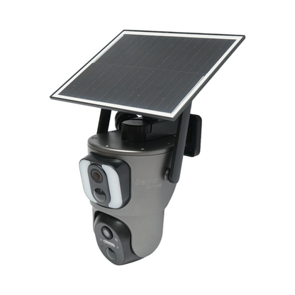 Surveillance camera with dual lens 6MP, 4G, 2.4 GHz WIFI with solar panel, 13500 mAh battery, PTZ control, motion sensor, human detection PIR, smart IR night vision, and Ubox application.