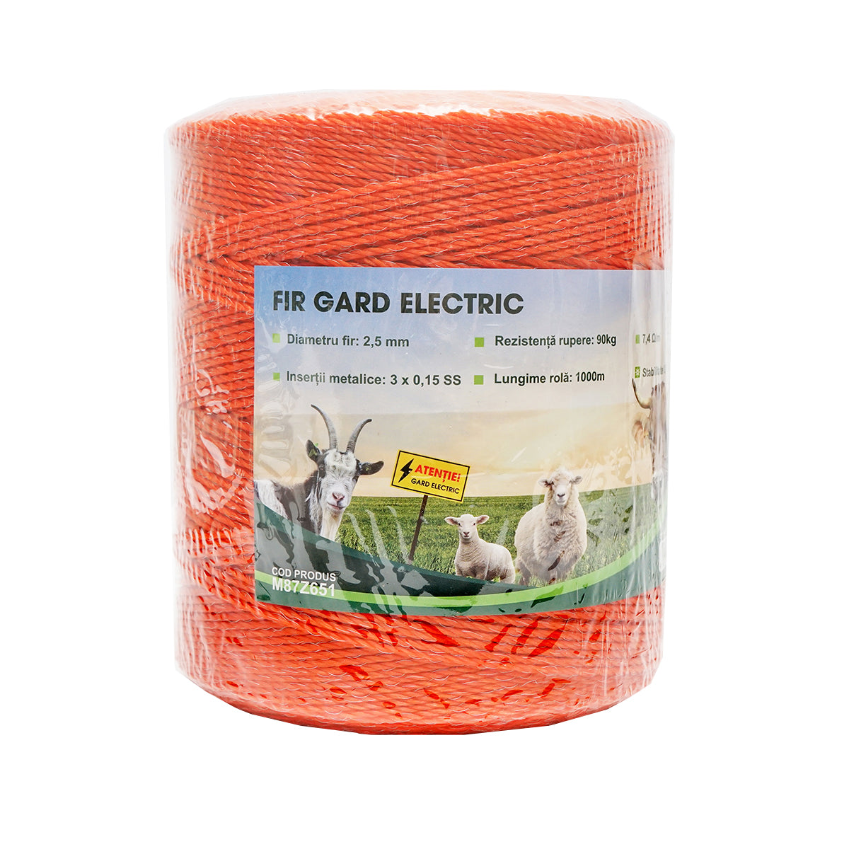 Roll of orange wire 2.5mm metal insert 3x0.15mm SS, resistance 7.4 Ohm/m, 1000m electric fence Mezofarm