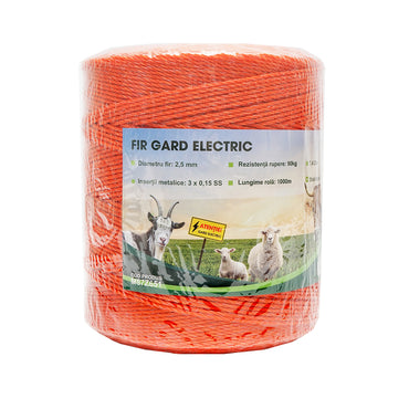 Roll of orange wire 2.5mm metal insert 3x0.15mm SS, resistance 7.4 Ohm/m, 1000m electric fence Mezofarm