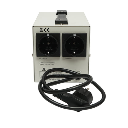 Single-phase automatic voltage stabilizer with relay 2000VA/140-260V, 2 Schuko sockets 230V, LCD display Breckner Germany