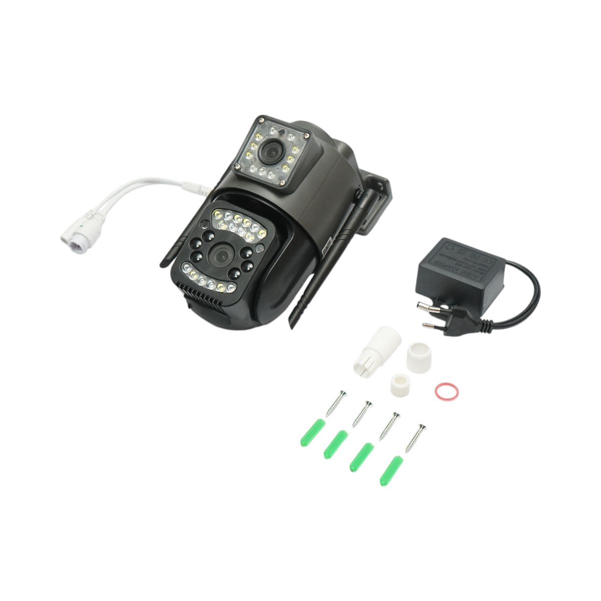 Dual lens WIFI 2.4GHz surveillance camera, P2P 1080P, motion sensor, human detection, night vision, 355-degree rotating PTZ, V380 Pro application