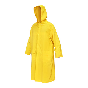 Waterproof XXXL poncho with hood made of polyester and PVC, featuring ventilation slots, 2 pockets, and a yellow zipper by Breckner Germany.