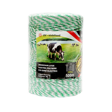 White-green wire roll 2.5mm with metal insert 4x0.2mm SS, resistance 7 Ohm/m, 500m electric fence Breckner Germany