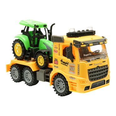 Yellow truck with authentic battery-powered trailer details together with a green toy tractor