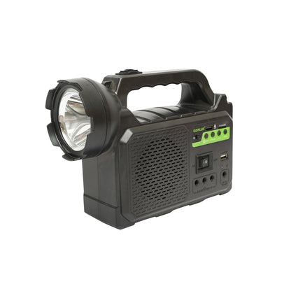 Portable LED lighting kit with 3 bulbs/projector, FM radio, MP3, solar panel, and 3.7V, 4500 mAh battery for fishing camping GD-P30FM