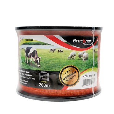 Orange tape roll 10mm with metal insert 4x0.15mm SS, resistance 12 Ohm/m, 200m electric fence Breckner Germany