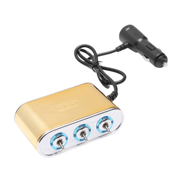 Triple car lighter adapter 12/24V gold with individual switch and 1 USB port 5V 2.1A