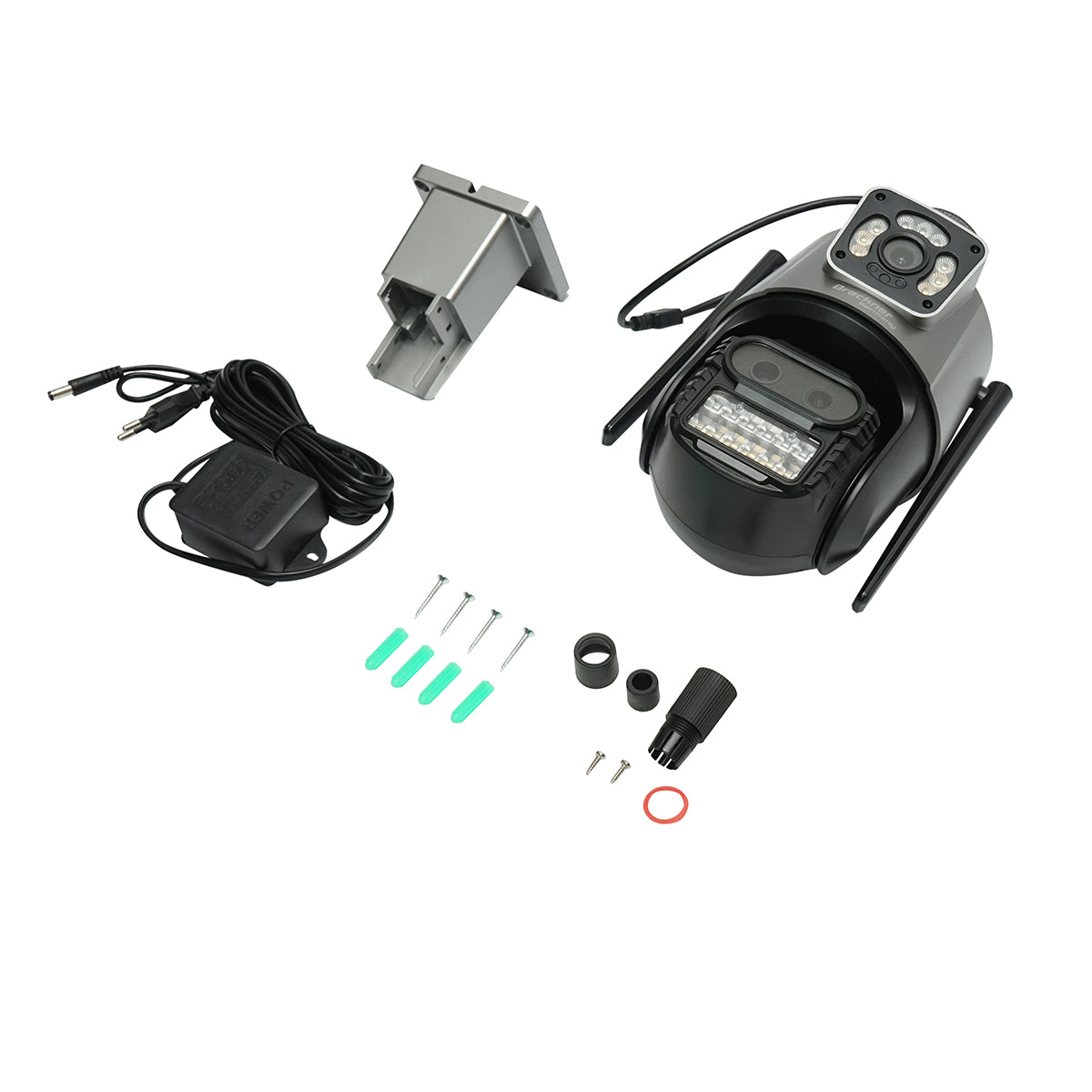 3-lens surveillance camera, 2 9 MP lenses, P2P WIFI 2.4GHz, PTZ with motion sensor, siren, human detection, and iCSee application.