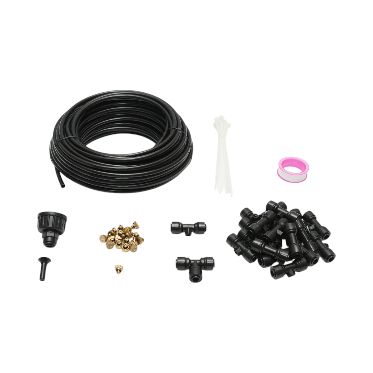 Complete misting water spray kit with 20m hose, brass nozzles for terrace, garden 65 pieces