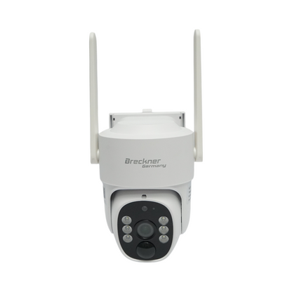 Surveillance camera with dual lens 3MP, 4G, 2.4 GHz WIFI with solar panel, 9000 mAh battery, PTZ control, human PIR detection, night vision, and Ubox app.
