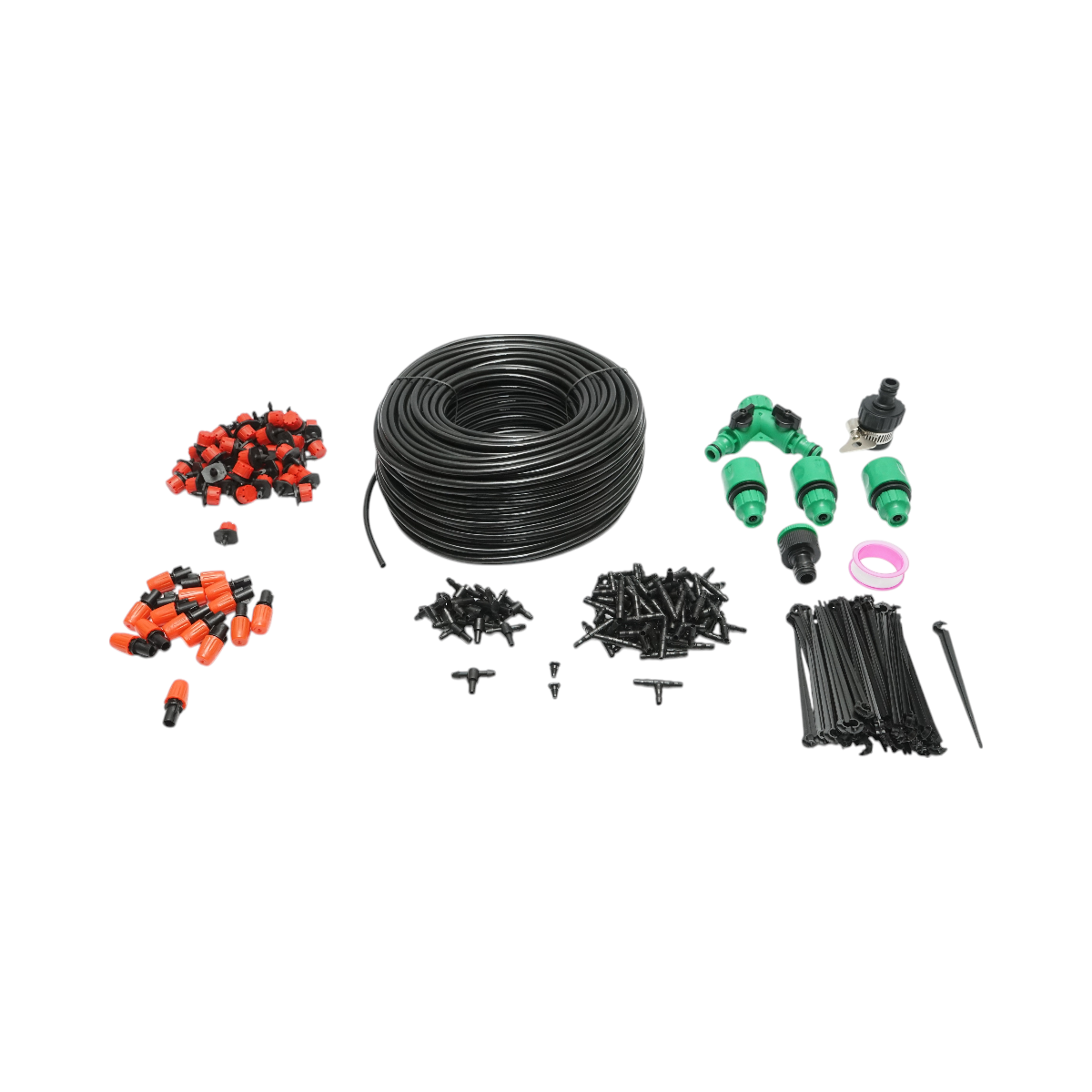Complete drip and spray irrigation kit with 50m hose, nozzles, connectors, fixing stakes, 201 pieces.