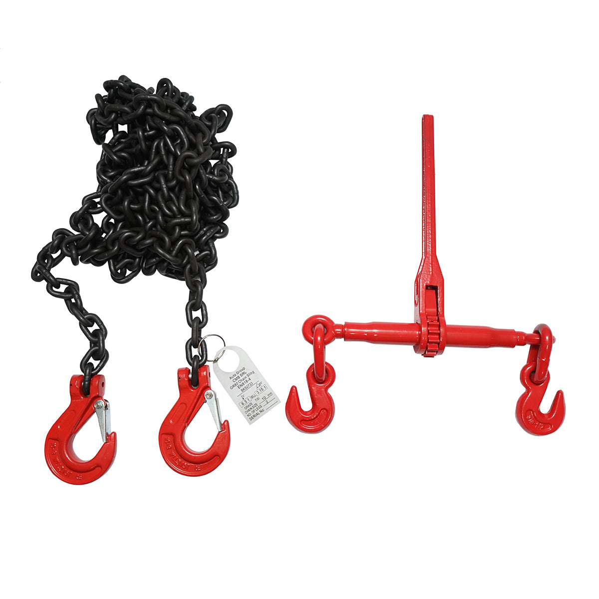 Anchor chain for heavy equipment with ratchet tensioning device, supported weight 6.3T, chain length 6m, link thickness 10mm.