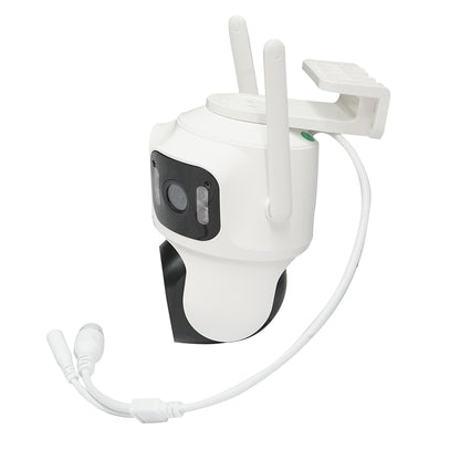 Surveillance camera with 3 lenses, 3 objectives 8 MP, 2 dual control CPUs, P2P WIFI 2.4G, PTZ with motion sensor, alarm, night vision, AI human detection, and iCSee application.