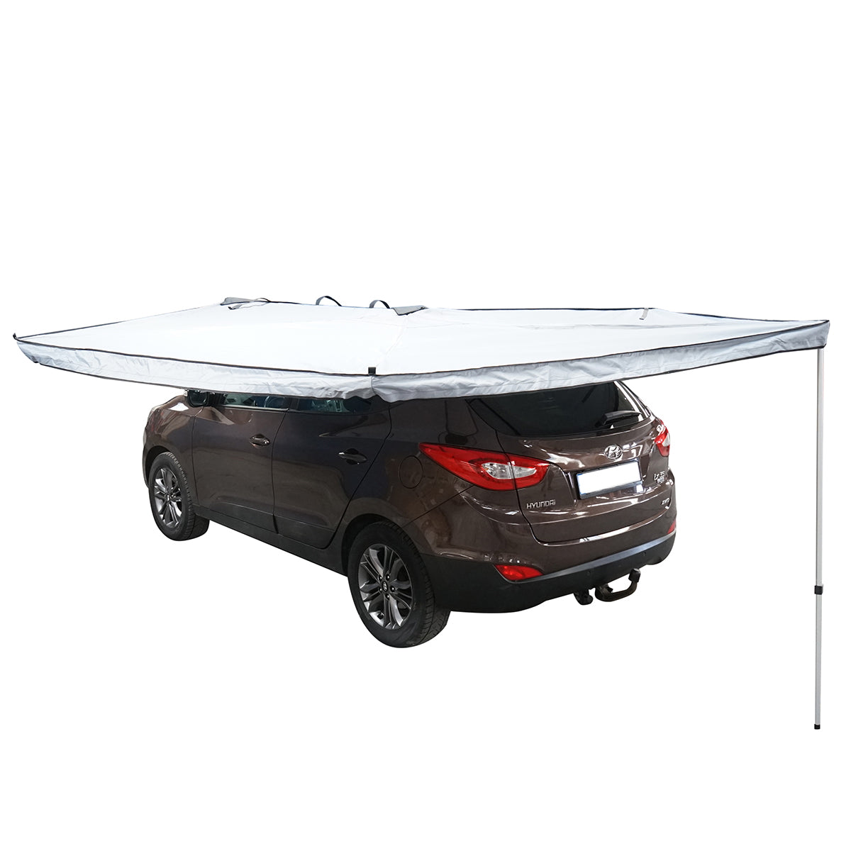 Car side awning, 270 degree retractable with ceiling attachment
