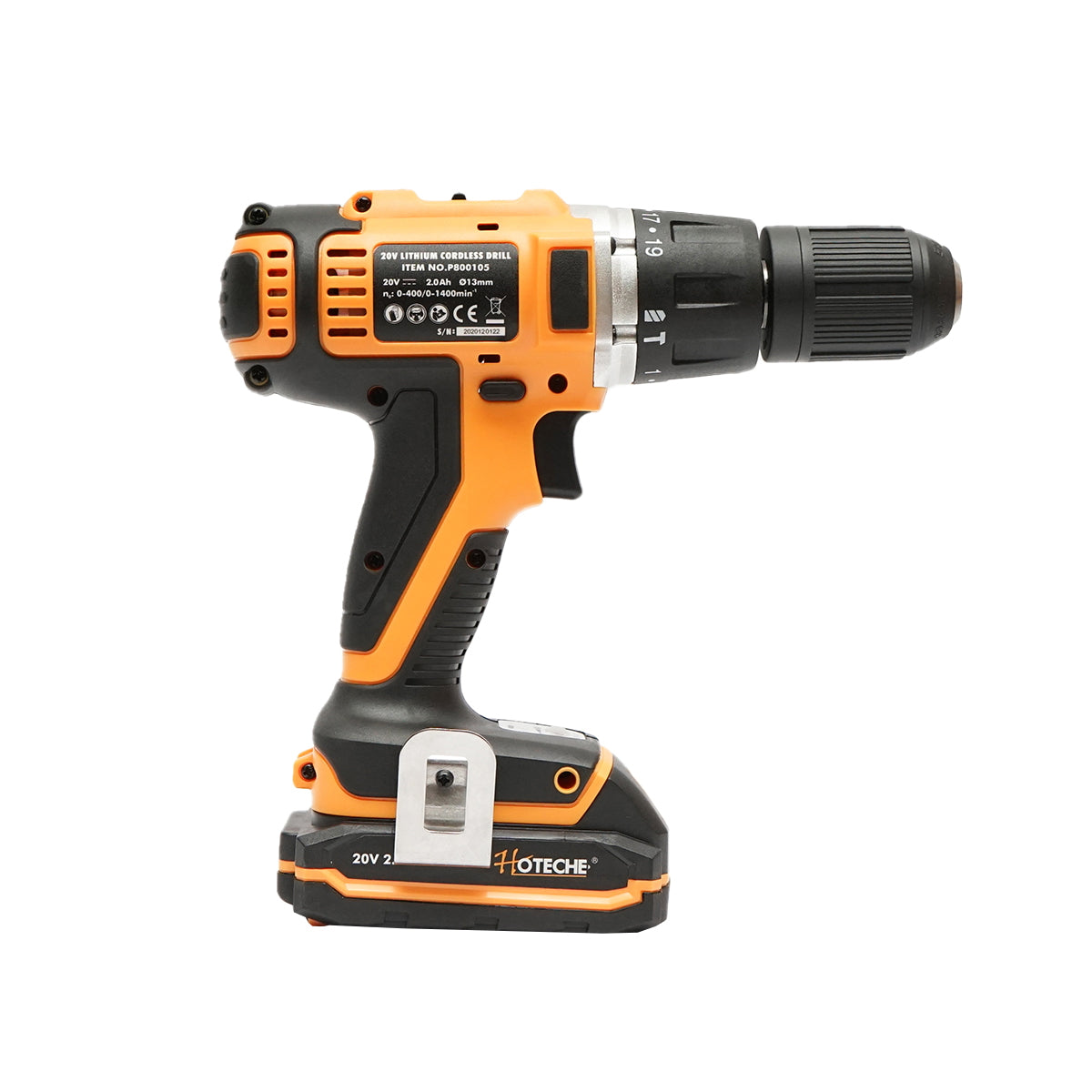 Cordless drill with 13mm chuck, 2x20V 2.0Ah battery, 1400rpm Hoteche