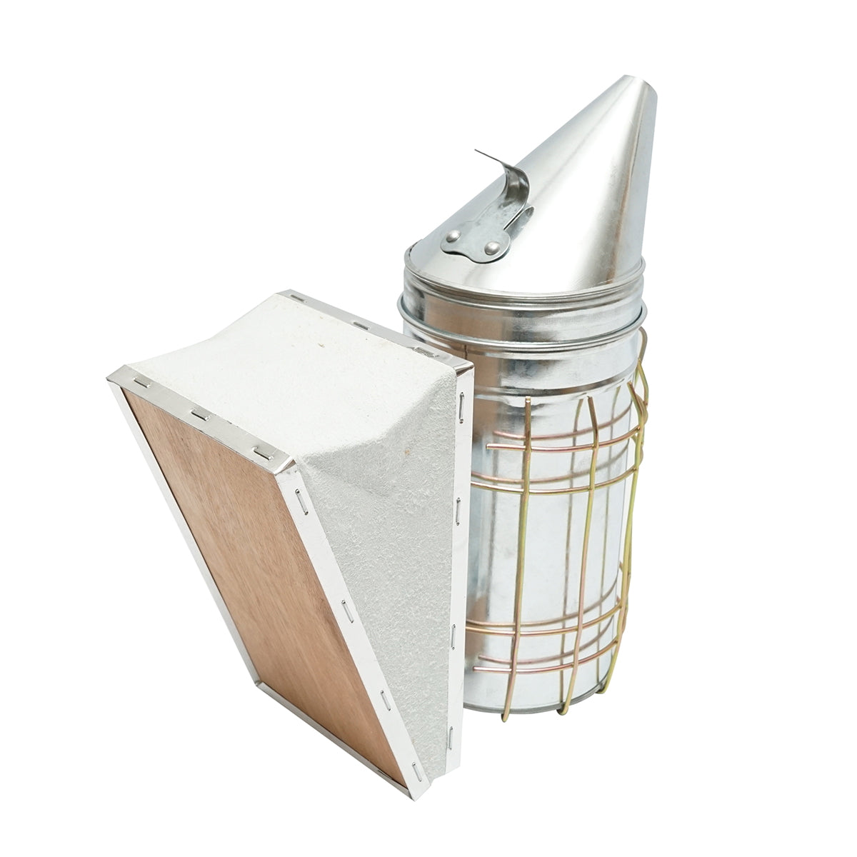 Bee smoker made of galvanized steel with a thermal shield cylinder and leather bellows 190mm