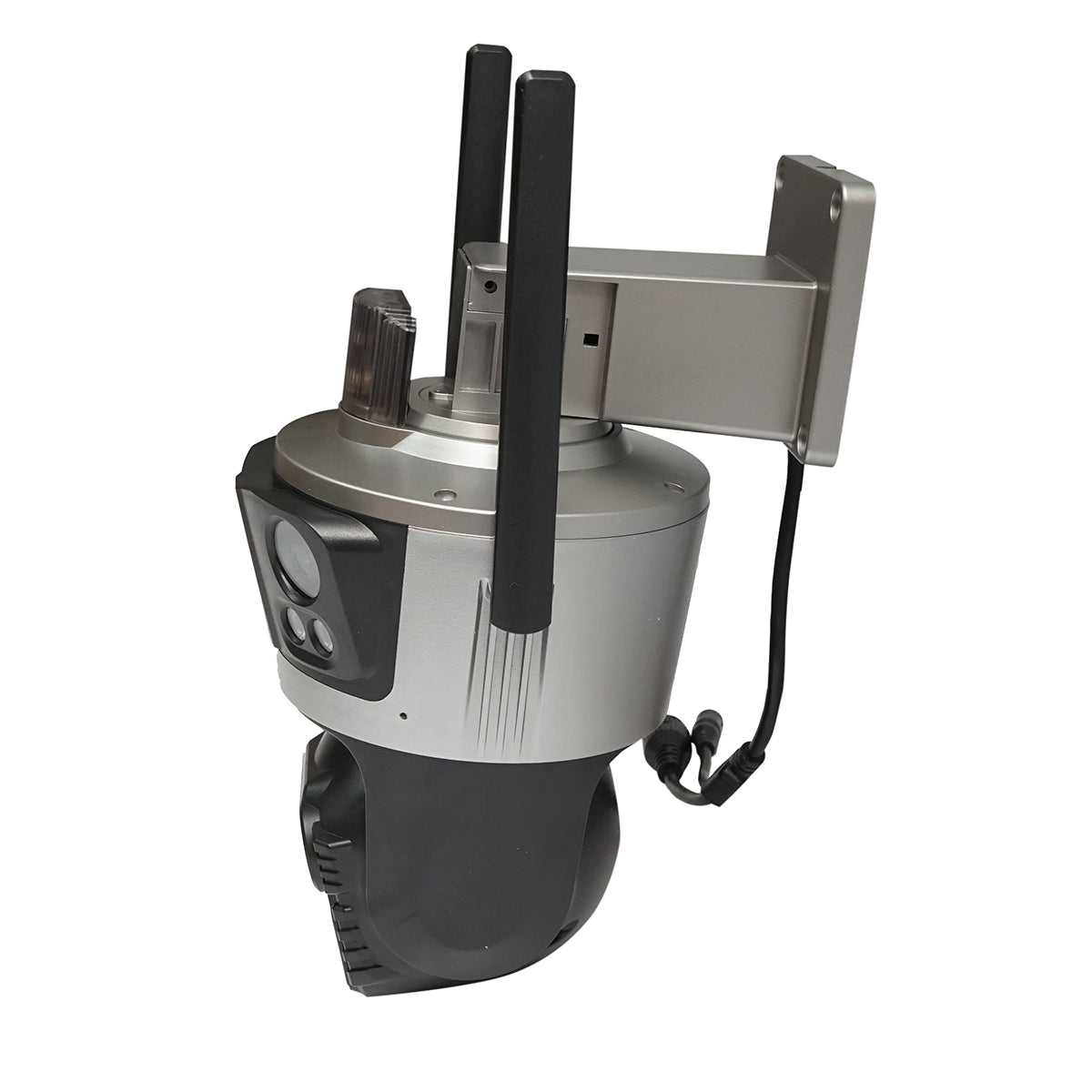 Surveillance camera with 3 lenses, 3 objectives 8 MP, 2 dual control CPUs, P2P WIFI 2.4G, PTZ with motion sensor, alarm, night vision, AI human detection, and iCSee application.