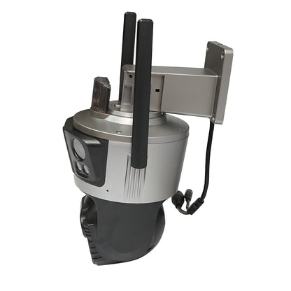Surveillance camera with 3 lenses, 3 objectives 8 MP, 2 dual control CPUs, P2P WIFI 2.4G, PTZ with motion sensor, alarm, night vision, AI human detection, and iCSee application.