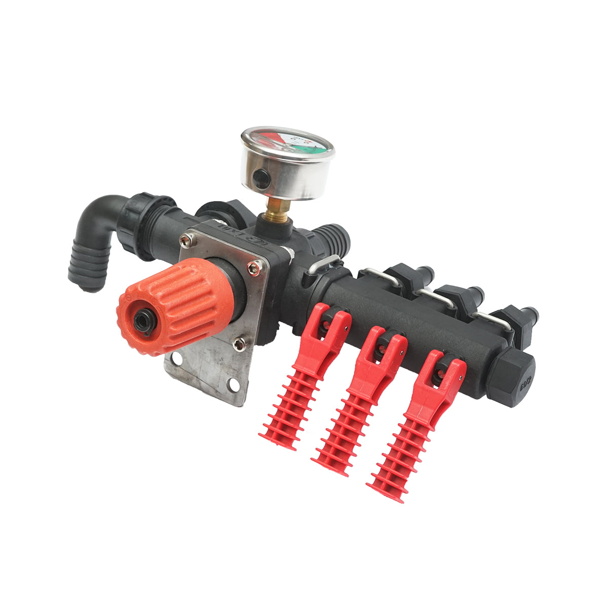 Distributor with 3 outlets and glycerin manometer for herbicide sprayer.