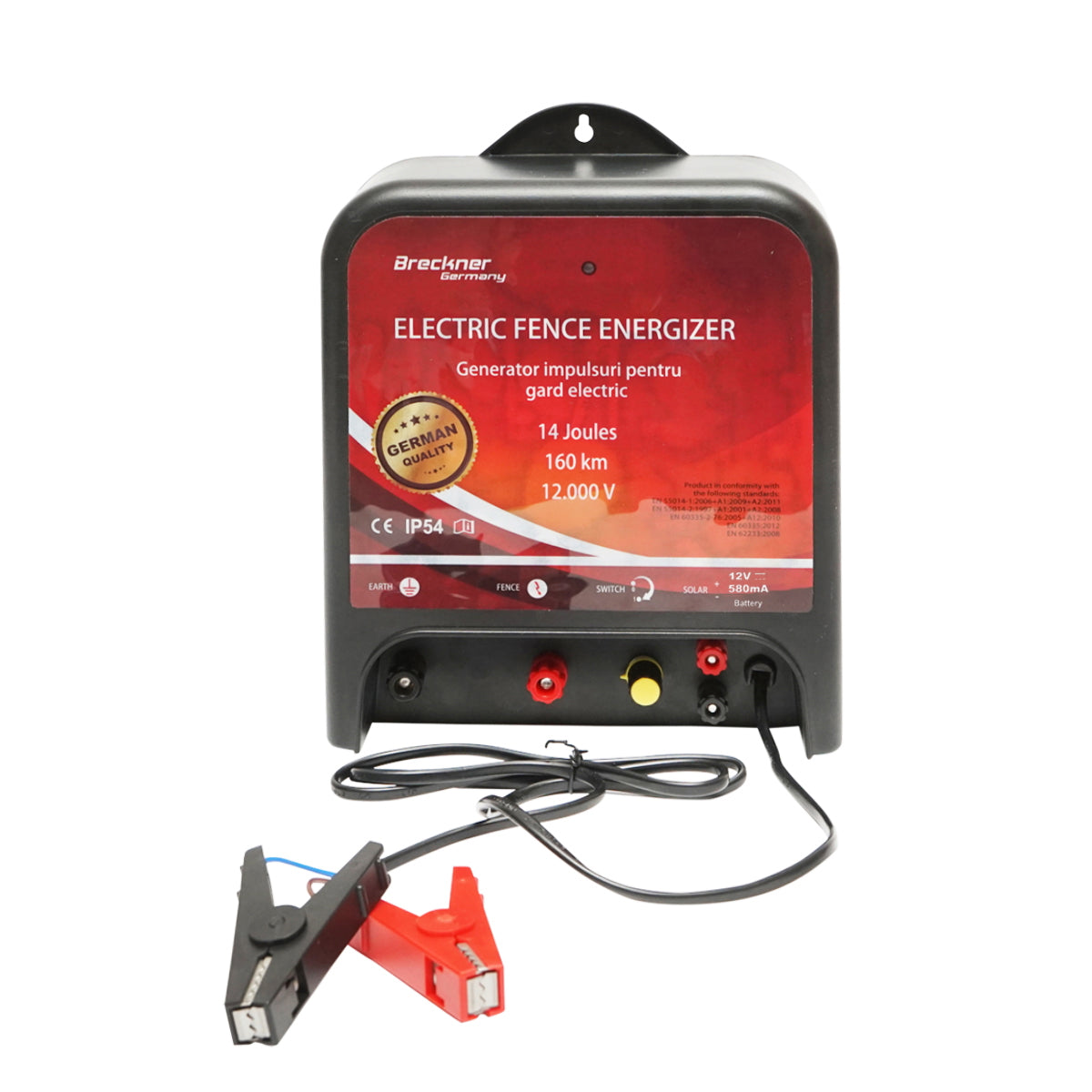 Complete electric fence kit 12V, 14 Joules, 1000m wire length with 20W solar panel and 100 Breckner Germany insulators.