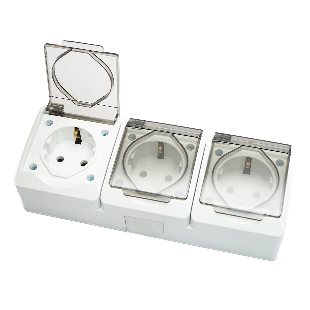 Triple socket applied for 16A, 250V with protective contact and transparent cover IP44 Breckner Germany