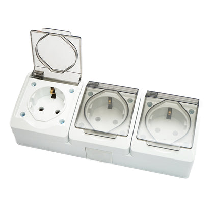 Triple socket applied for 16A, 250V with protective contact and transparent cover IP44 Breckner Germany