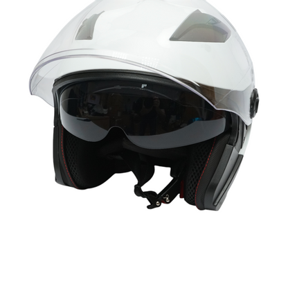 White jet-type motorcycle helmet, urban model with a transparent visor and sunglasses, size L.