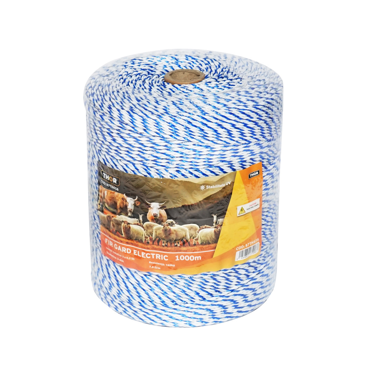 White-blue wire roll 3mm with metal insert 3x0.2mm SS, resistance 7.8 Ohm/m, 1000m electric fence Thor
