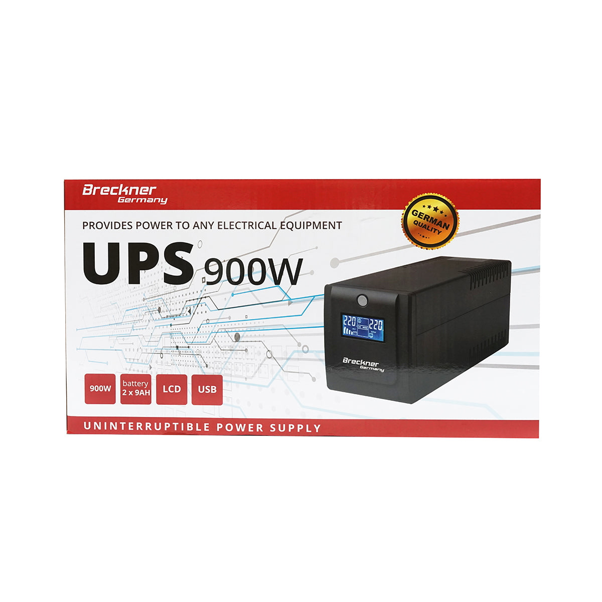 UPS 1500VA/900W with 2x9Ah batteries and 4 schuko sockets, LCD, USB, AVR Breckner Germany