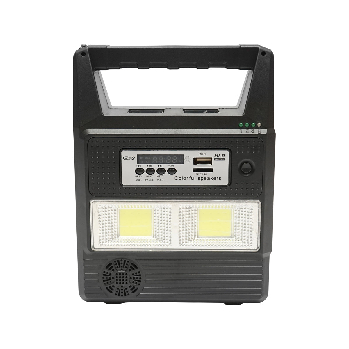Portable LED lighting kit with 3 bulbs/projector, FM radio, solar panel remote control and 6V, 3 Ah battery for fishing camping GD-8216