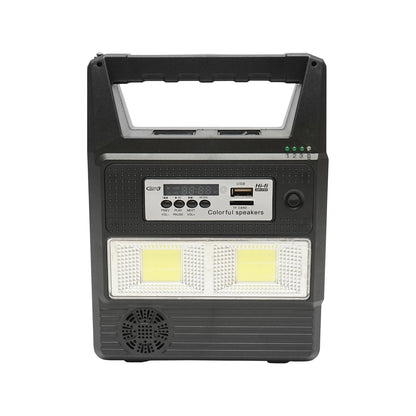 Portable LED lighting kit with 3 bulbs/projector, FM radio, solar panel remote control and 6V, 3 Ah battery for fishing camping GD-8216