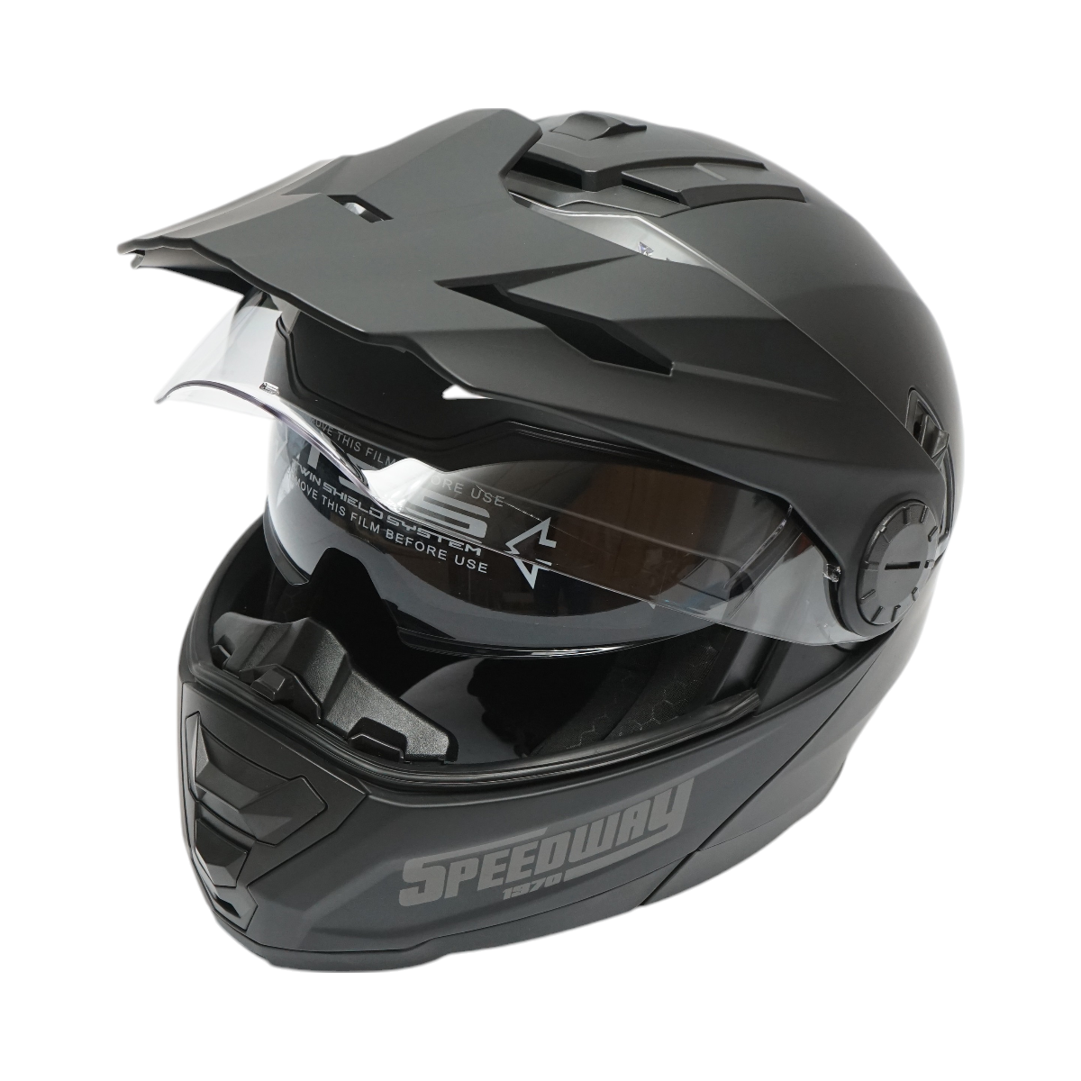 Matte black full-face motocross helmet with a clear visor and sunglasses, size XL Lion